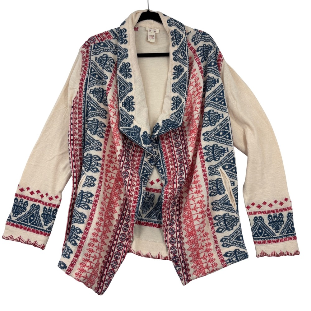 Sundance Open Front Cardigan Sweater Women XL Cream Red Blue Southwestern Print
